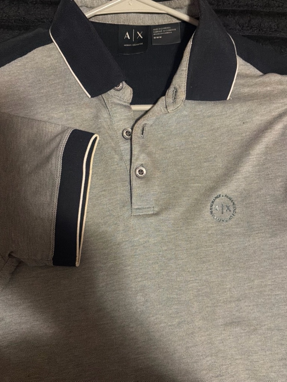 A/X Armani Exchange Men's Light Grey Pique Polo with Navy Trim